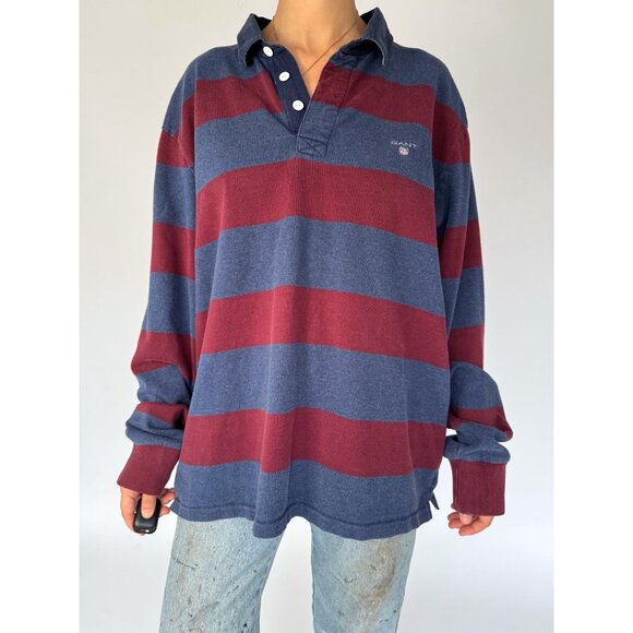 90s vintage GANT striped cotton collared rugby shirt polo unisex mens large 2XL - Picture 2 of 8